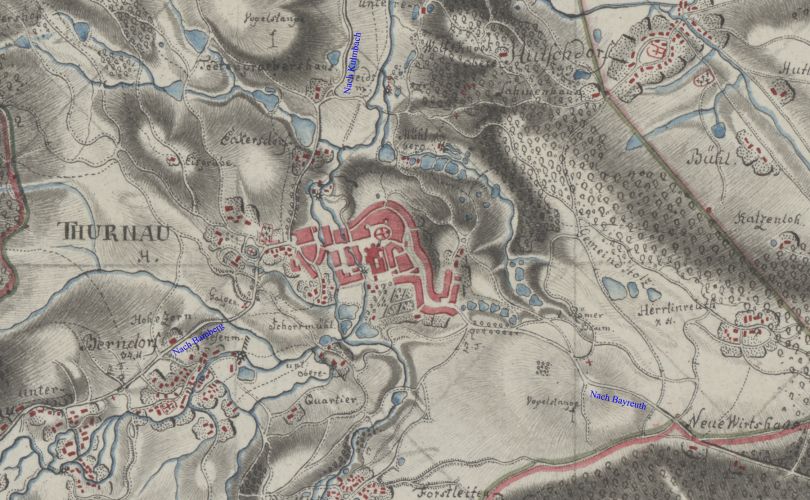 Der „Weiße Schwanen“ steht dort, wo sich die von Thurnau nach Kulmbach und Bamberg führenden Straßen berührten. Somit wichtige Anlaufstelle für Reisende. Quelle: Stierlein’sche „MiIitairische Karte des Fürstenthums Bayreuth oberhalb Gebirgs“ von 1799
