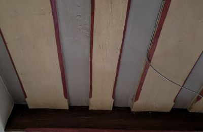 Die Balken-Bohlen-Decken aus dem 17. Jh haben sich flächig im gesamten Gebäude erhalten. In den meisten Räumen zur Zeit der Begehung 2025 noch unter jüngeren Deckenkonstruktionen verborgen. Wo sie frei lagen, waren sie mit Farbanstrichen versehen.